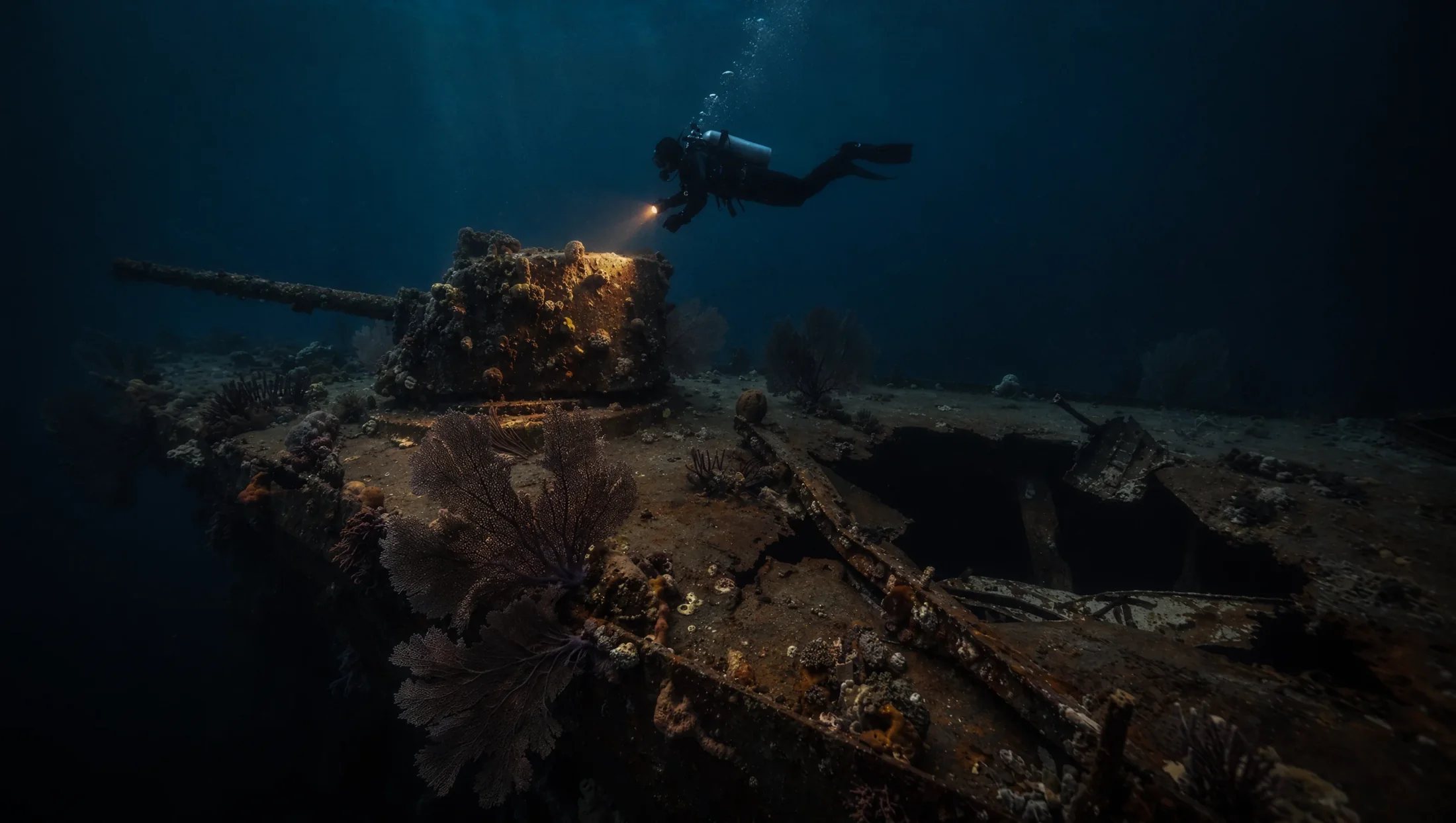 A diver lights the encrusted gun turret on the torn forecastle of a sunken destroyer, deep in dark water