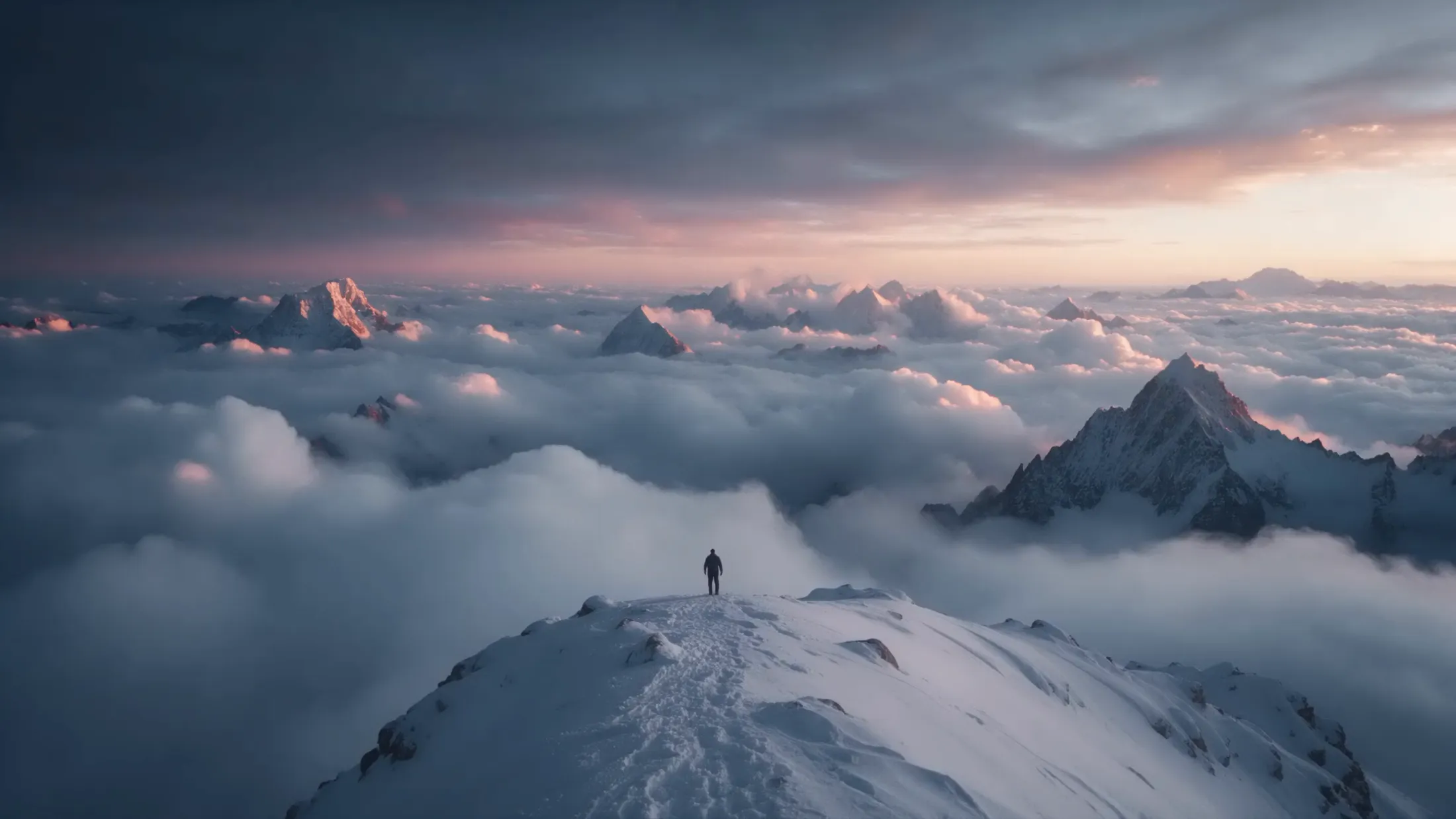 A lone climber on a snowy ridge above a sea of clouds